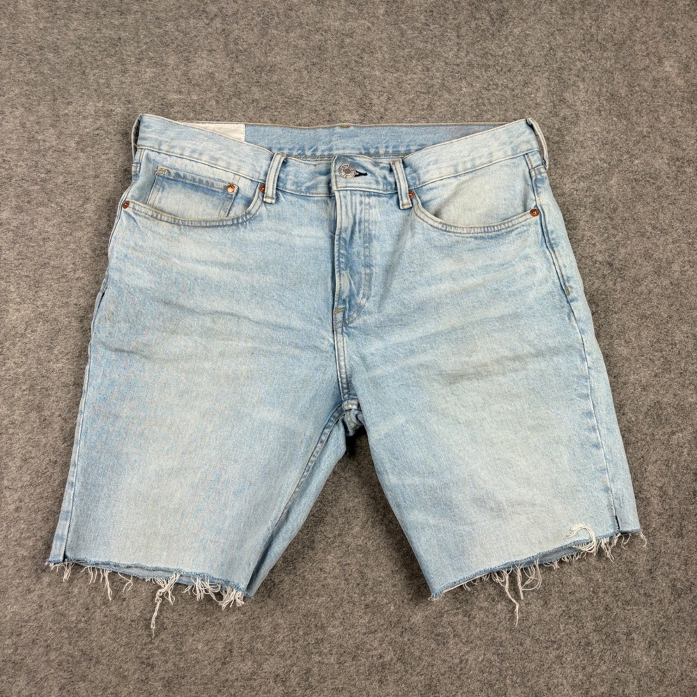 HM Denim Shorts Mens 34x32 Light Wash Slim Fit Cut Off Raw Hem Distressed